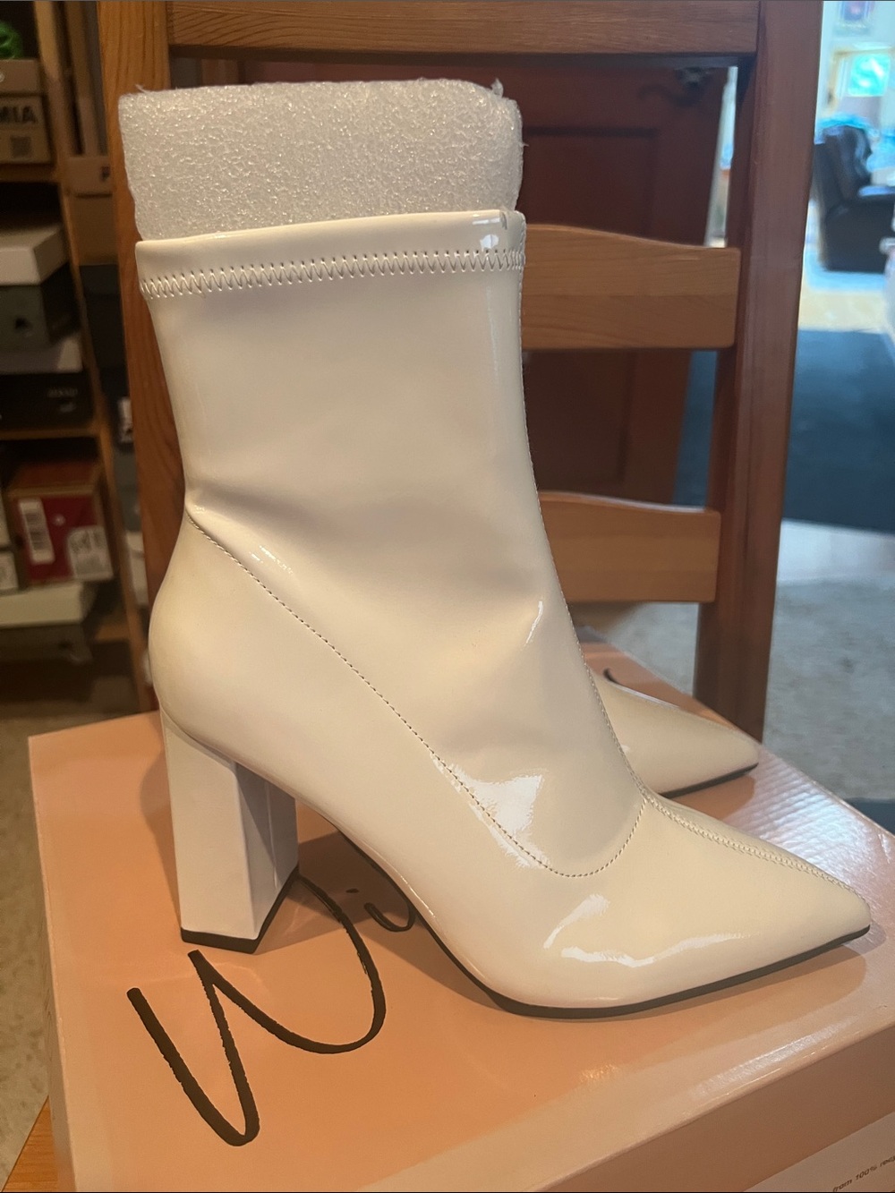 Wild Pair White Patent Pointed Toe Block Heel Ankle Boots